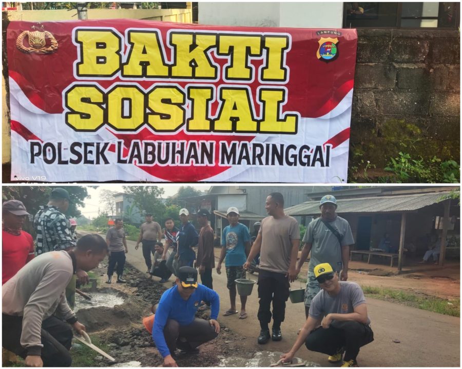 Kapolsek Labuhan Maringgai Pimpin Aksi Tambal Jalan Demi Keselamatan Pengguna Jalan