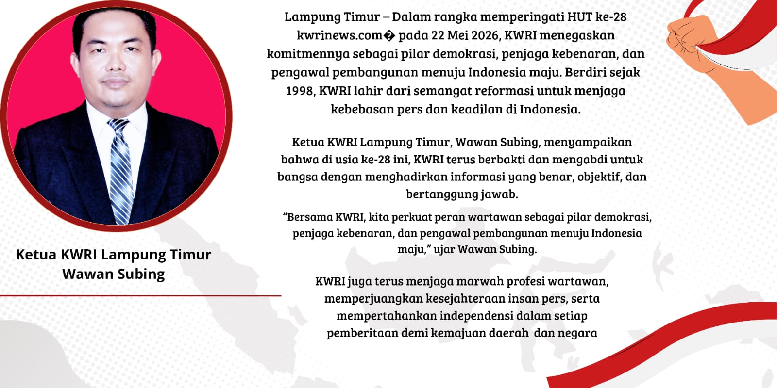 HUT ke-28 KWRI, Wawan Subing Tegaskan Peran Wartawan sebagai Pilar Demokrasi dan Pengawal Pembangunan